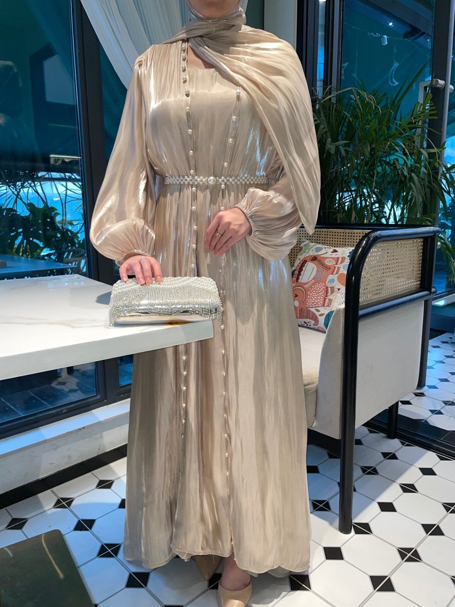 Luxury Five Piece Silk Pearl Open Abaya Set in Champagne - Elegant Modest Occasion Abaya with Hijab and Belt