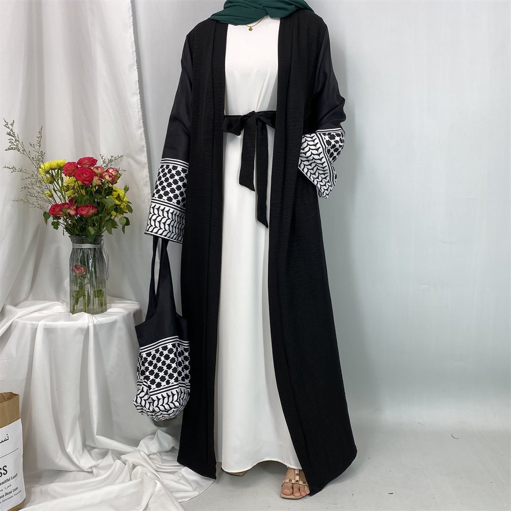 Linen Two Piece Keffiyeh Open Abaya Set in Black - Modest Linen Abaya with Keffiyeh Print and Inner Dress