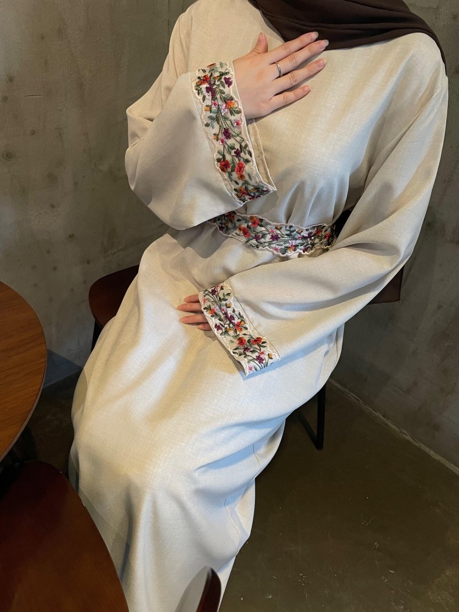 Embroidered Linen Abaya in - Breathable Modest Abaya with Elegant Embroidery Details