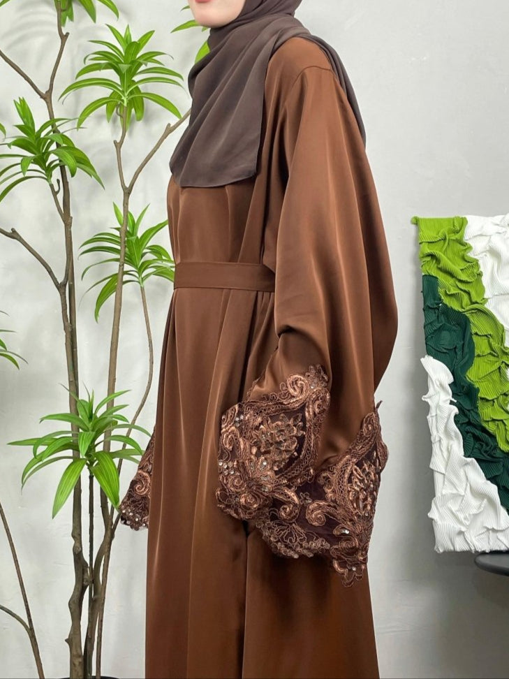 Premium Lace Abaya in Brown - Elegant Modest Abaya with Intricate Lace Detailing