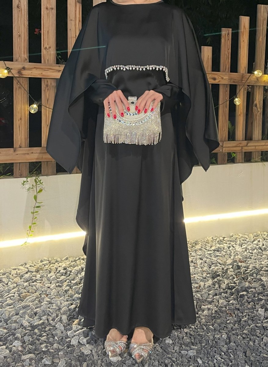 Luxury Satin Pearl Butterfly Abaya in Brown - Elegant Three Piece Set with Glossy Finish