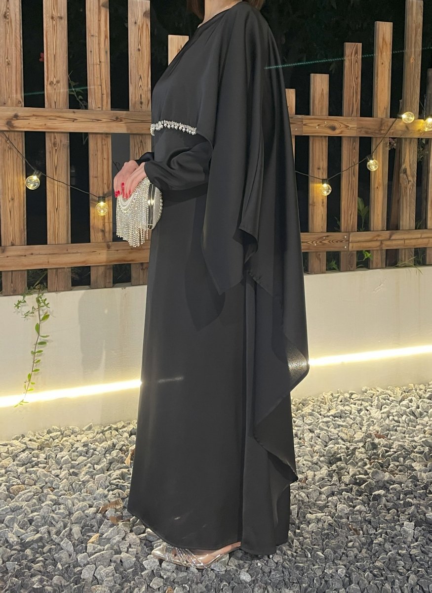Luxury Satin Pearl Butterfly Abaya in Black - Elegant Three Piece Set with Glossy Finish