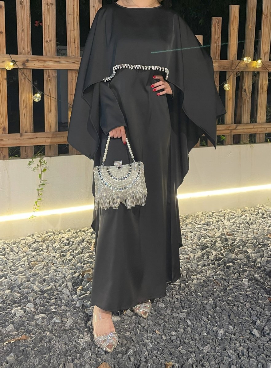 Luxury Satin Pearl Butterfly Abaya in Black - Elegant Three Piece Set with Glossy Finish
