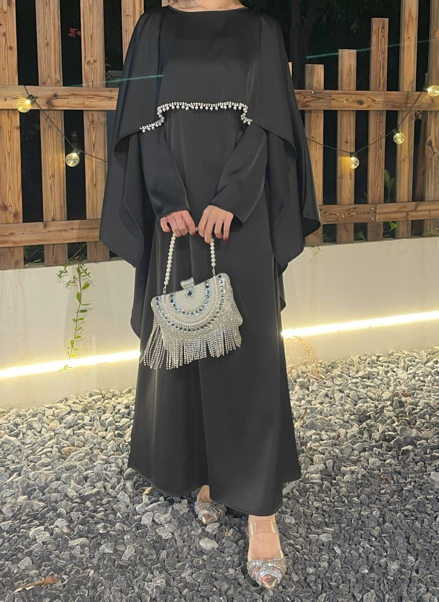 Luxury Satin Pearl Butterfly Abaya in Brown - Elegant Three Piece Set with Glossy Finish