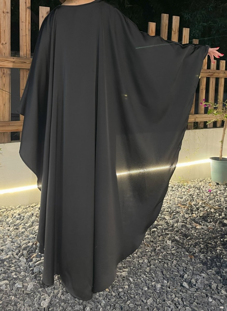 Luxury Satin Pearl Butterfly Abaya in Black - Elegant Three Piece Set with Glossy Finish