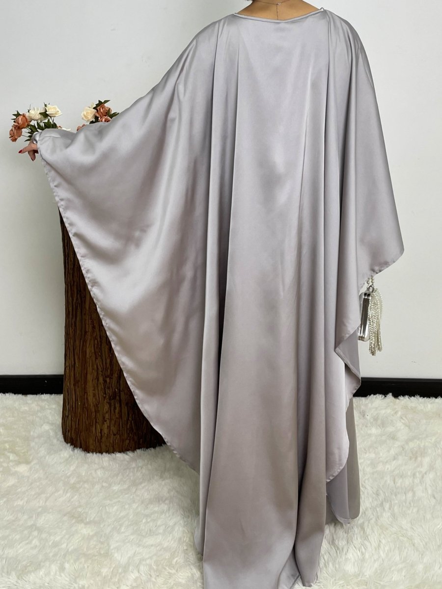 Luxury Satin Pearl Butterfly Abaya in Silver - Elegant Three Piece Set with Glossy Finish