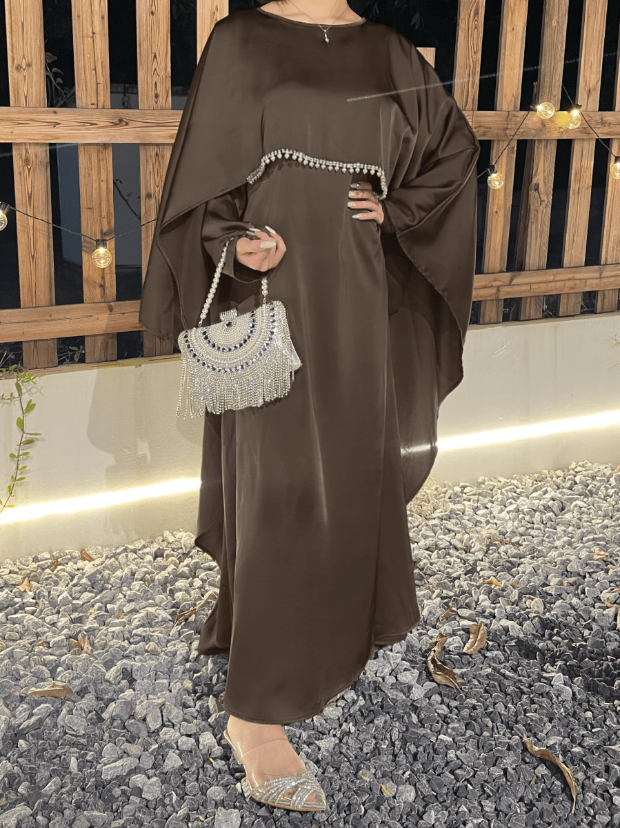 Luxury Satin Pearl Butterfly Abaya in Blue - Elegant Three Piece Set with Glossy Finish