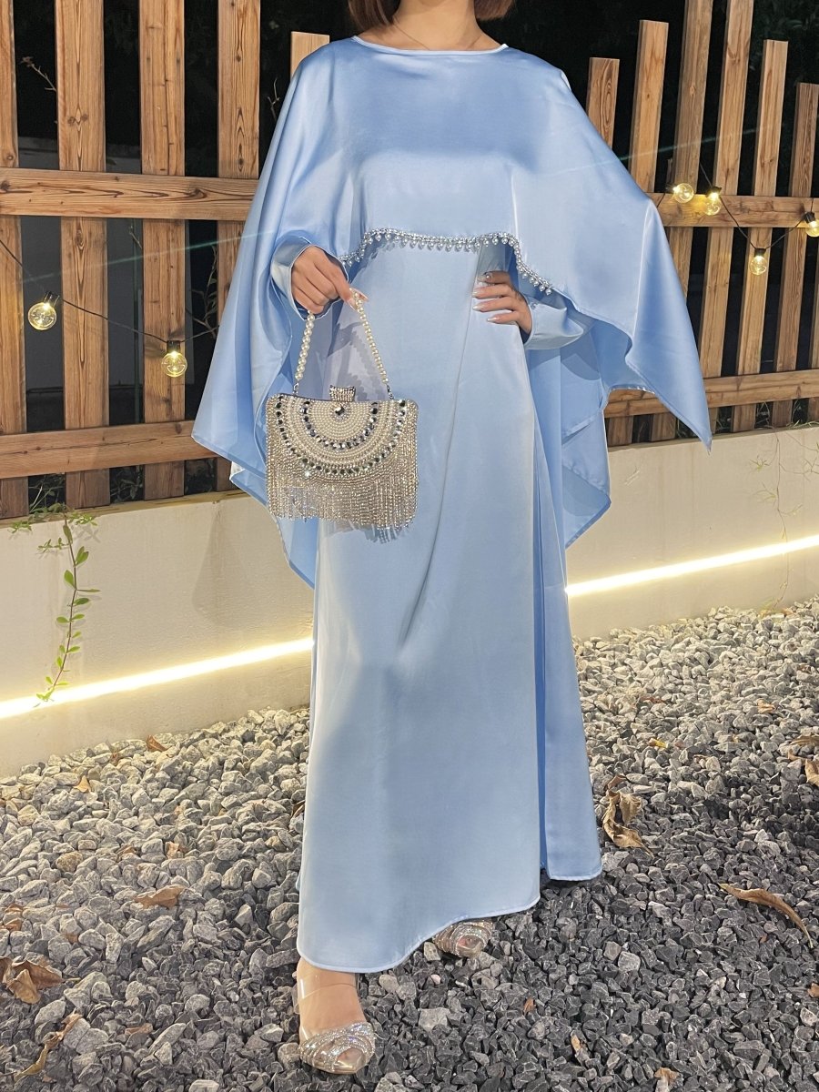 Luxury Satin Pearl Butterfly Abaya in Blue - Elegant Three Piece Set with Glossy Finish