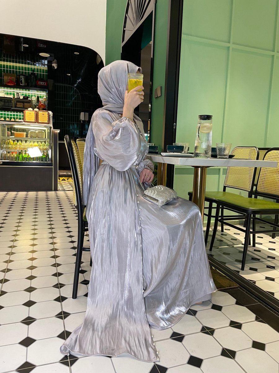 Luxury Five Piece Silk Pearl Open Abaya Set in Green - Elegant Modest Occasion Abaya with Hijab and Belt