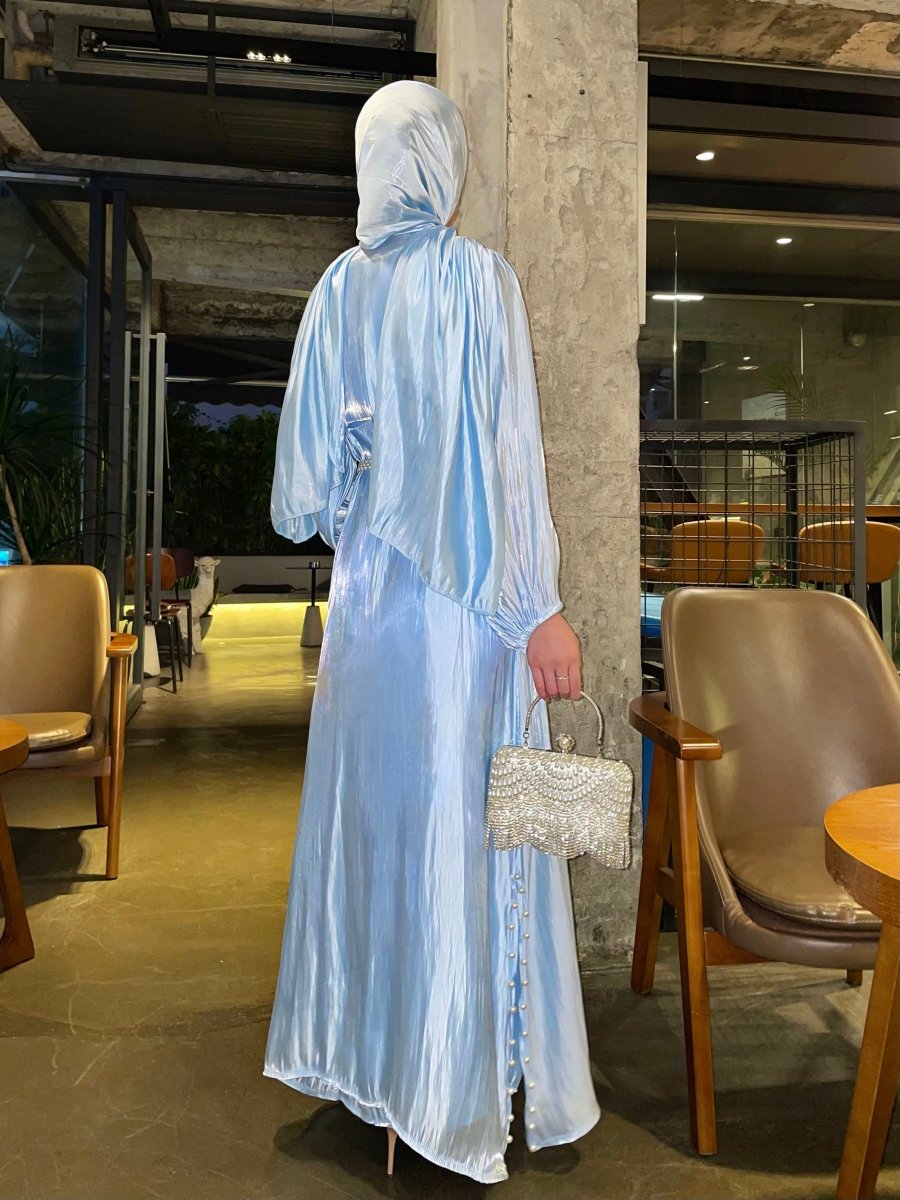 Luxury Five Piece Silk Pearl Open Abaya Set in Light Blue - Elegant Modest Occasion Abaya with Hijab and Belt