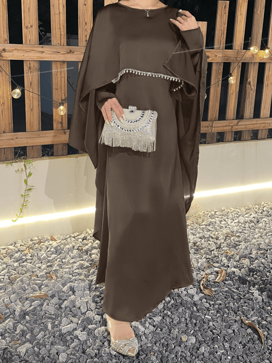 Luxury Satin Pearl Butterfly Abaya in Blue - Elegant Three Piece Set with Glossy Finish