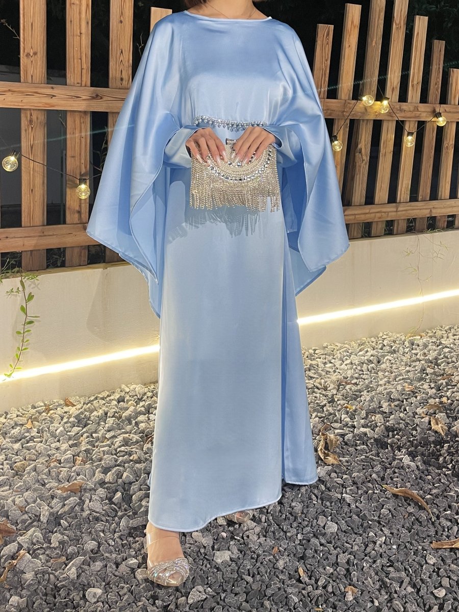 Luxury Satin Pearl Butterfly Abaya in Blue - Elegant Three Piece Set with Glossy Finish
