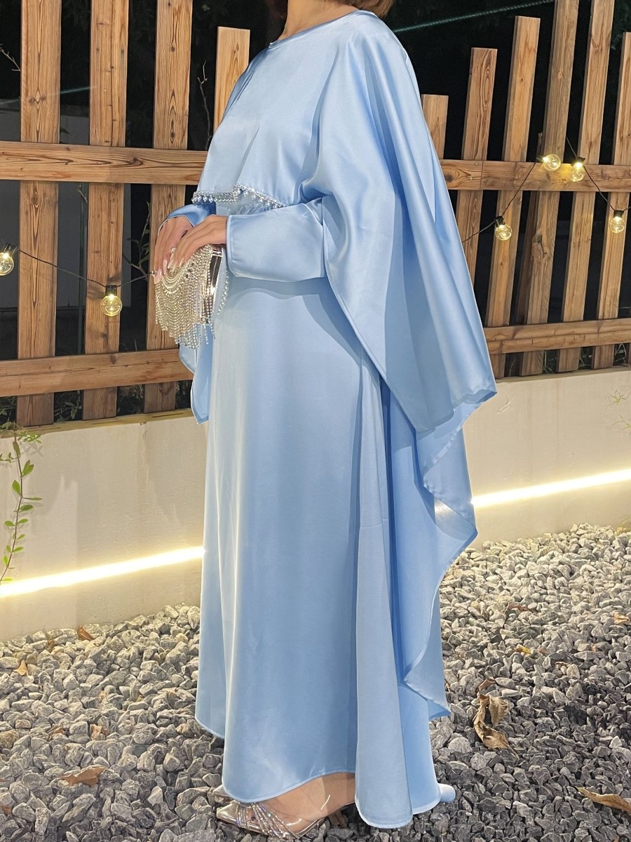 Luxury Satin Pearl Butterfly Abaya in Blue - Elegant Three Piece Set with Glossy Finish