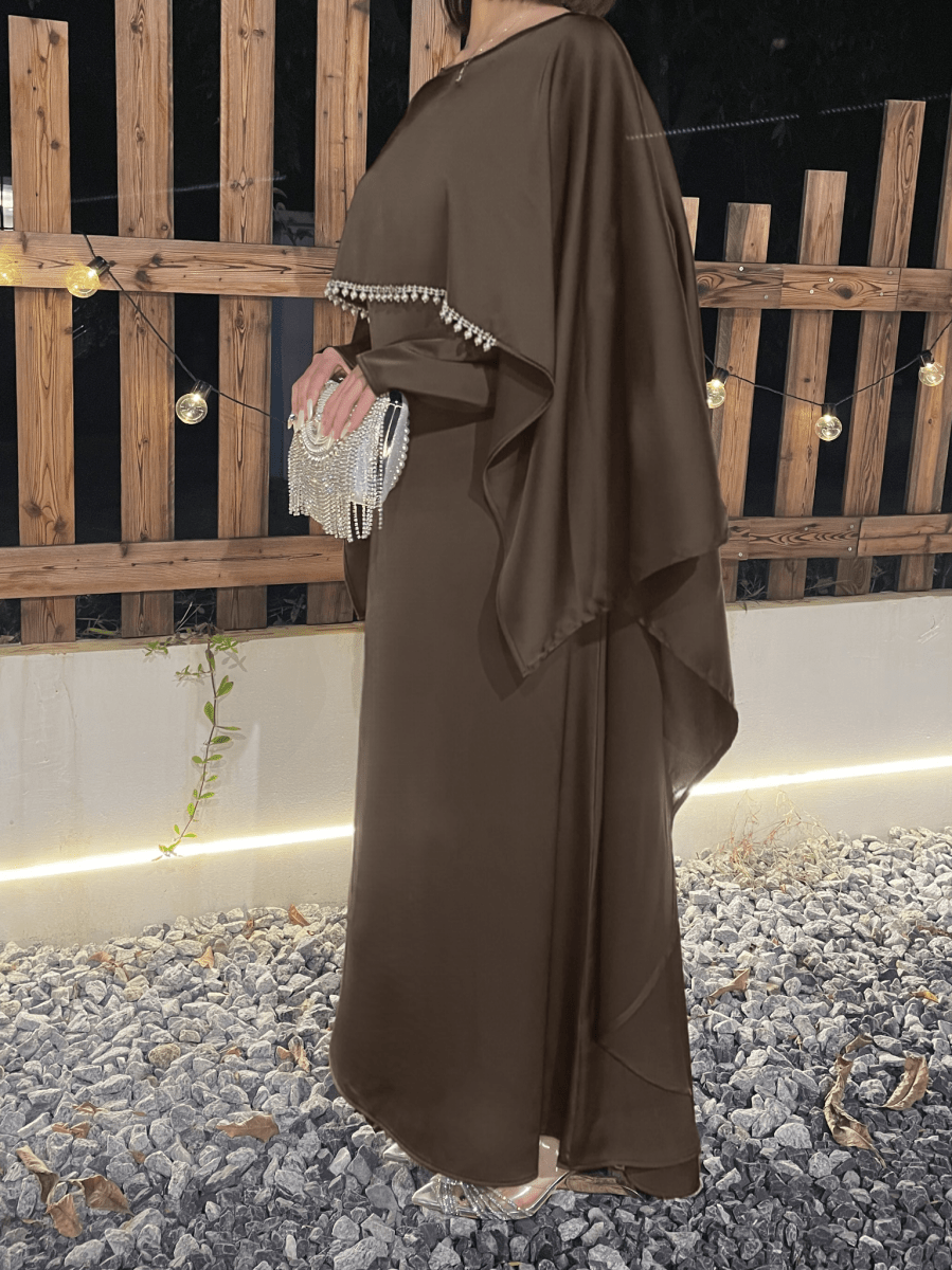 Luxury Satin Pearl Butterfly Abaya in Blue - Elegant Three Piece Set with Glossy Finish