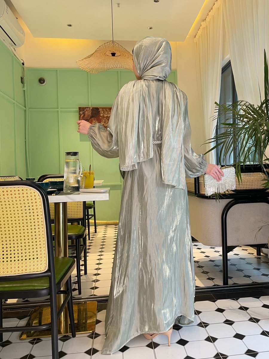 Luxury Five Piece Silk Pearl Open Abaya Set in Green - Elegant Modest Occasion Abaya with Hijab and Belt