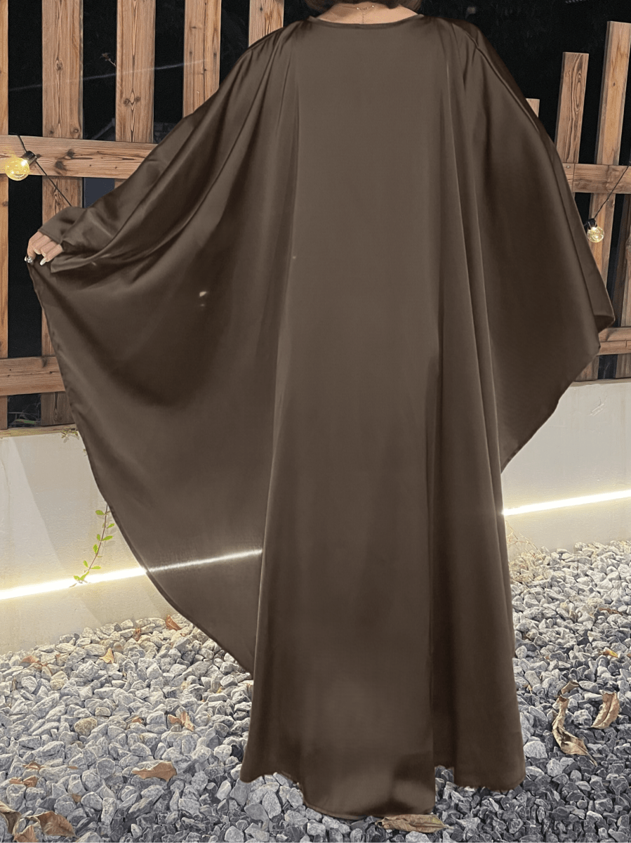 Luxury Satin Pearl Butterfly Abaya in Brown - Elegant Three Piece Set with Glossy Finish