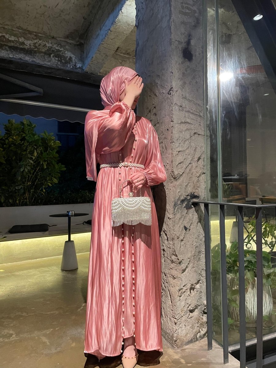 Luxury Five Piece Silk Pearl Open Abaya Set in Pink - Elegant Modest Occasion Abaya with Hijab and Belt