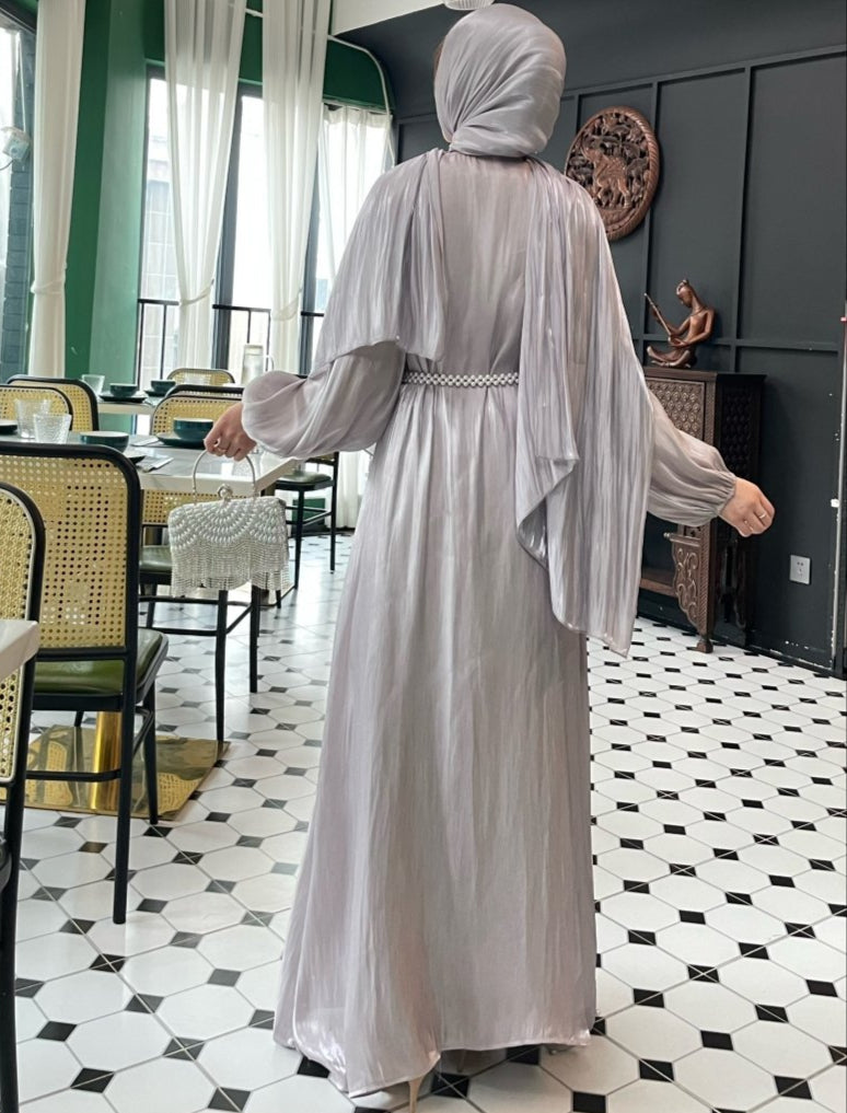 Luxury Five Piece Silk Pearl Open Abaya Set in Light Blue - Elegant Modest Occasion Abaya with Hijab and Belt