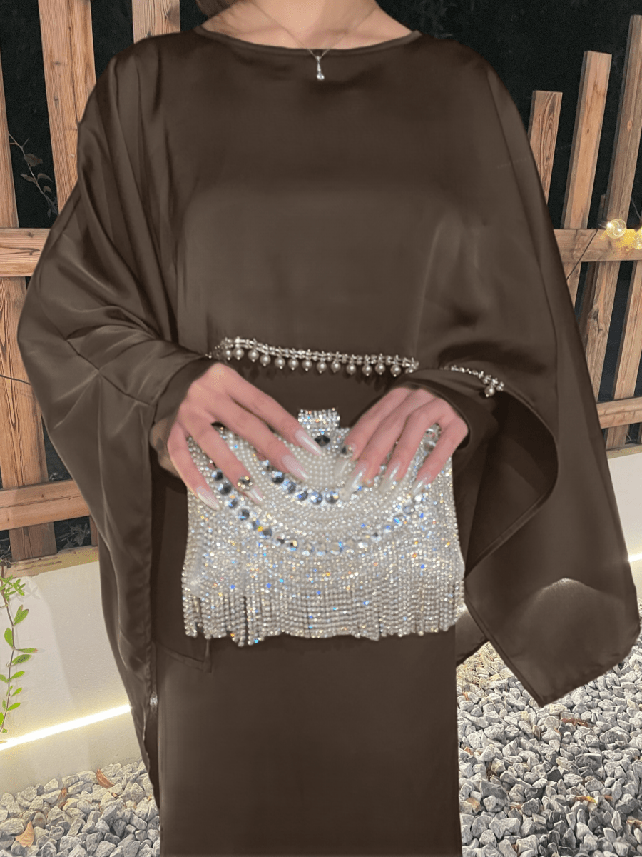 Luxury Satin Pearl Butterfly Abaya in Blue - Elegant Three Piece Set with Glossy Finish