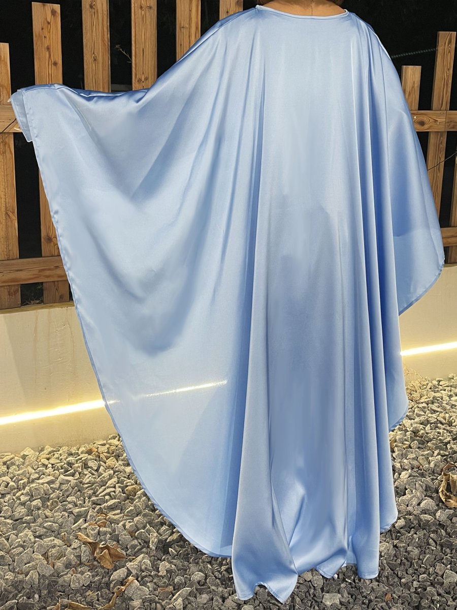 Luxury Satin Pearl Butterfly Abaya in Blue - Elegant Three Piece Set with Glossy Finish