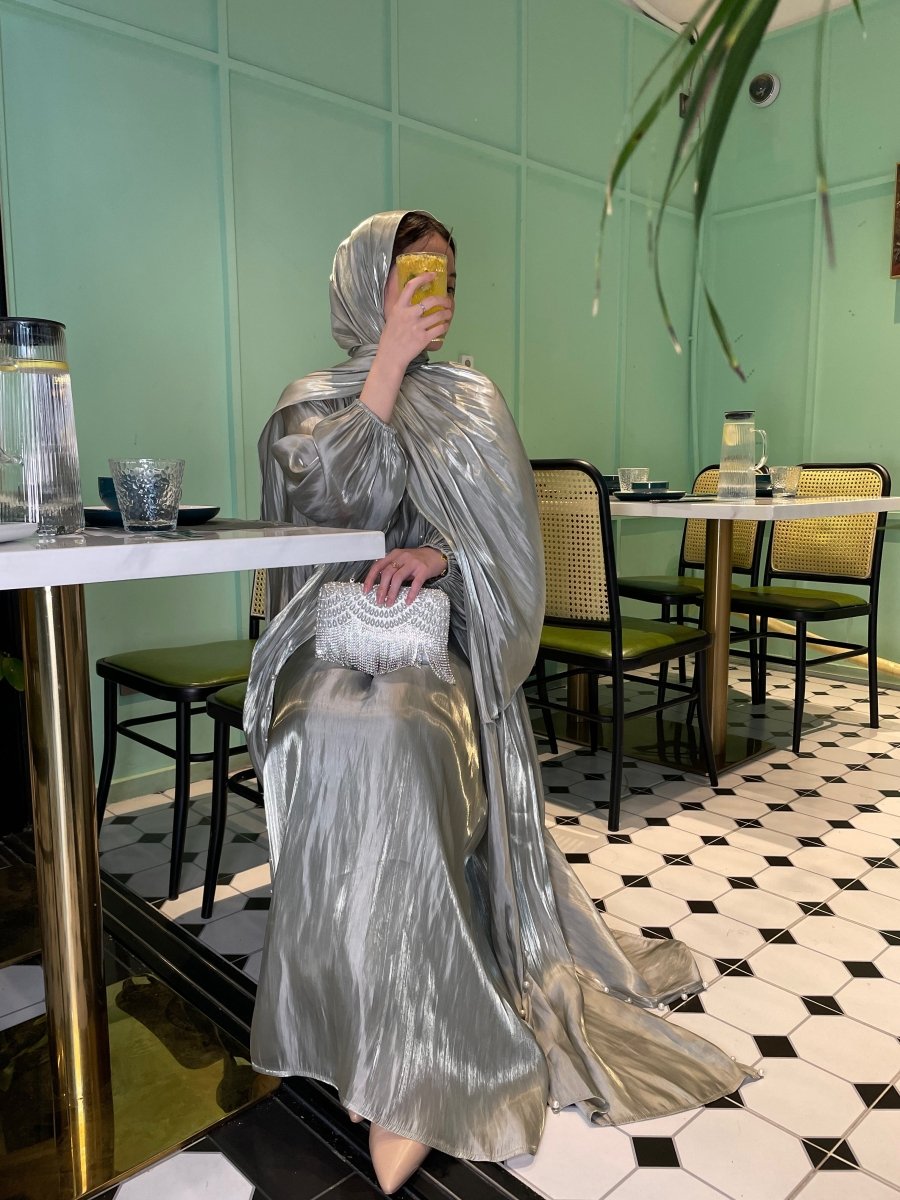 Luxury Five Piece Silk Pearl Open Abaya Set in Green - Elegant Modest Occasion Abaya with Hijab and Belt
