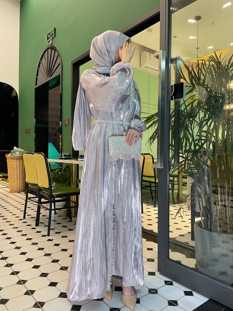 Luxury Five Piece Silk Pearl Open Abaya Set in Gray - Elegant Modest Occasion Abaya with Hijab and Belt