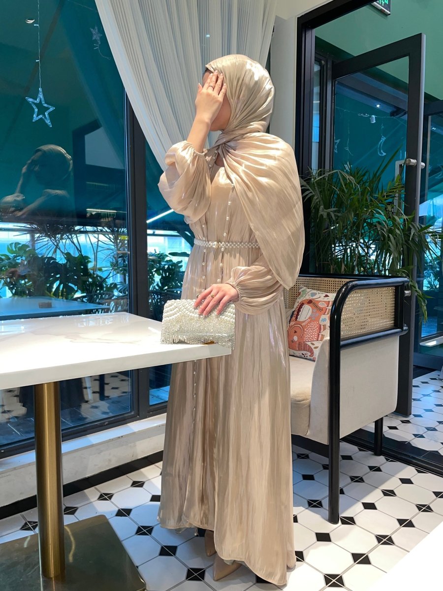 Luxury Five Piece Silk Pearl Open Abaya Set in Champagne - Elegant Modest Occasion Abaya with Hijab and Belt