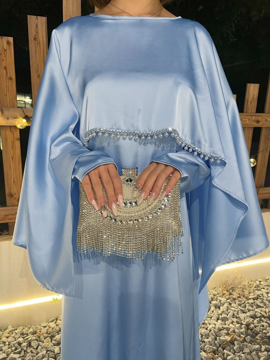 Luxury Satin Pearl Butterfly Abaya in Blue - Elegant Three Piece Set with Glossy Finish