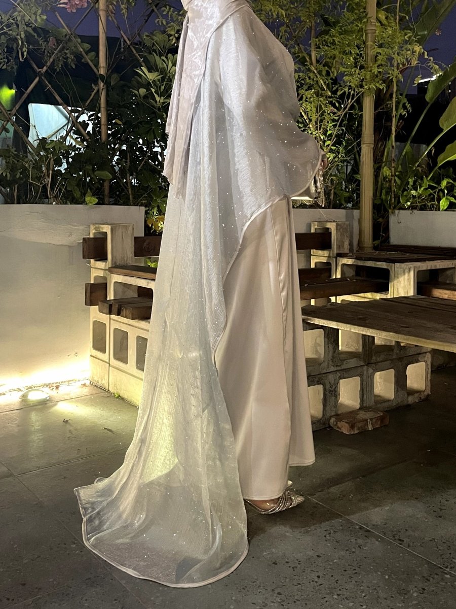 Luxury Shimmering Three Piece Abaya Set in Silver - Modest Shiny Abaya with Inner and Hijab