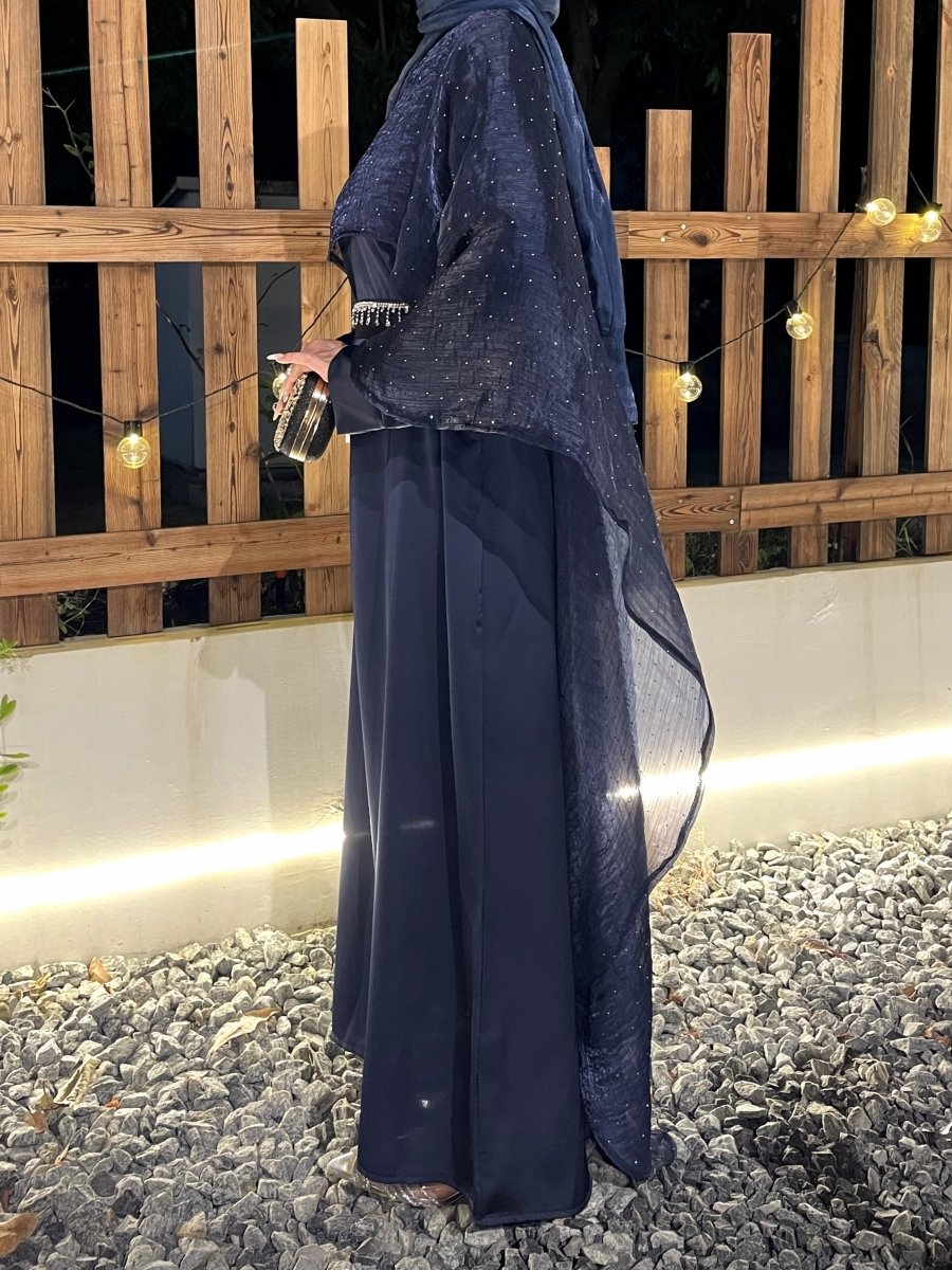 Luxury Shimmering Three Piece Abaya Set in Navy - Modest Shiny Abaya with Inner and Hijab