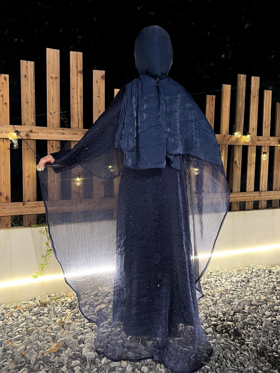 Luxury Shimmering Three Piece Abaya Set in Navy - Modest Shiny Abaya with Inner and Hijab
