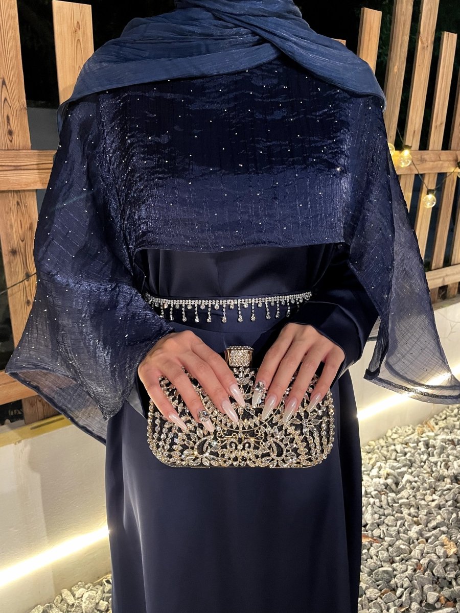 Luxury Shimmering Three Piece Abaya Set in Navy - Modest Shiny Abaya with Inner and Hijab