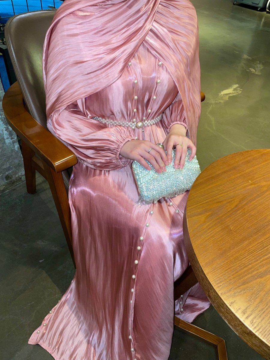 Luxury Five Piece Silk Pearl Open Abaya Set in Pink - Elegant Modest Occasion Abaya with Hijab and Belt