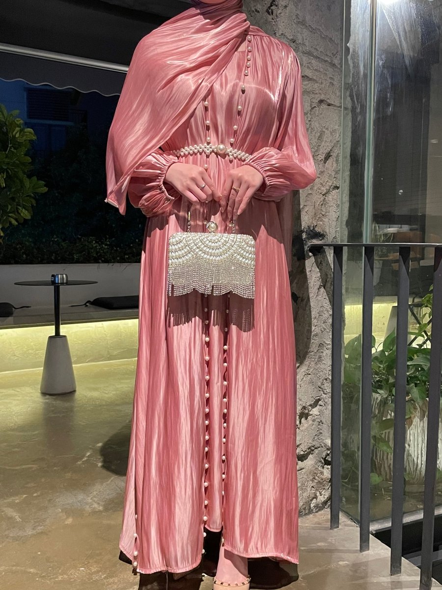 Luxury Five Piece Silk Pearl Open Abaya Set in Pink - Elegant Modest Occasion Abaya with Hijab and Belt