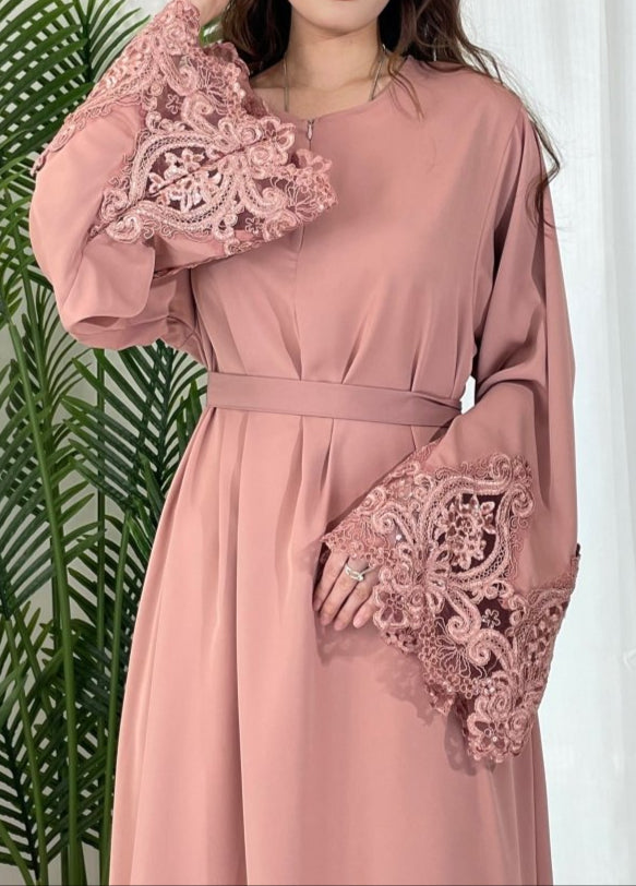 Premium Lace Abaya in Pink - Elegant Modest Abaya with Intricate Lace Detailing