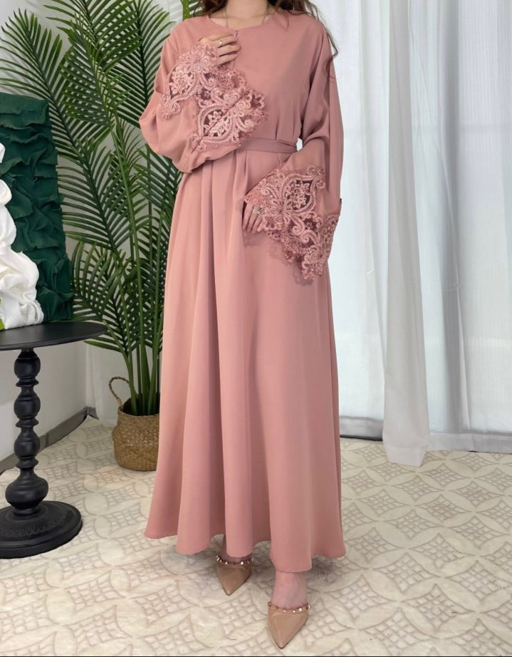 Premium Lace Abaya in Pink - Elegant Modest Abaya with Intricate Lace Detailing
