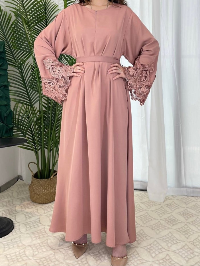 Premium Lace Abaya in Pink - Elegant Modest Abaya with Intricate Lace Detailing