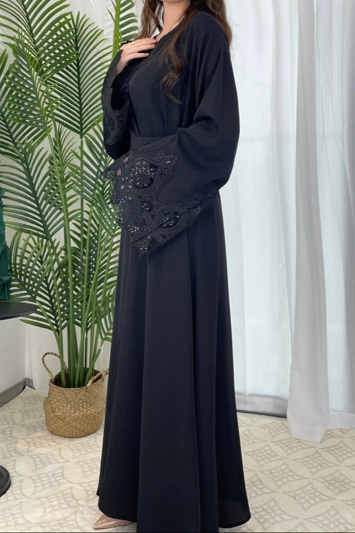 Premium Lace Abaya in Black - Elegant Modest Abaya with Intricate Lace Detailing