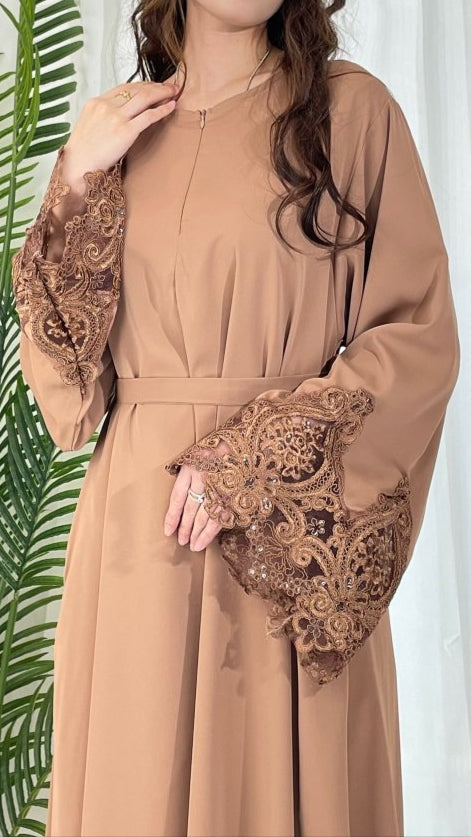 Premium Lace Abaya in Khaki - Elegant Modest Abaya with Intricate Lace Detailing
