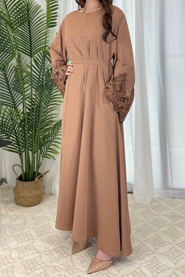 Premium Lace Abaya in Khaki - Elegant Modest Abaya with Intricate Lace Detailing