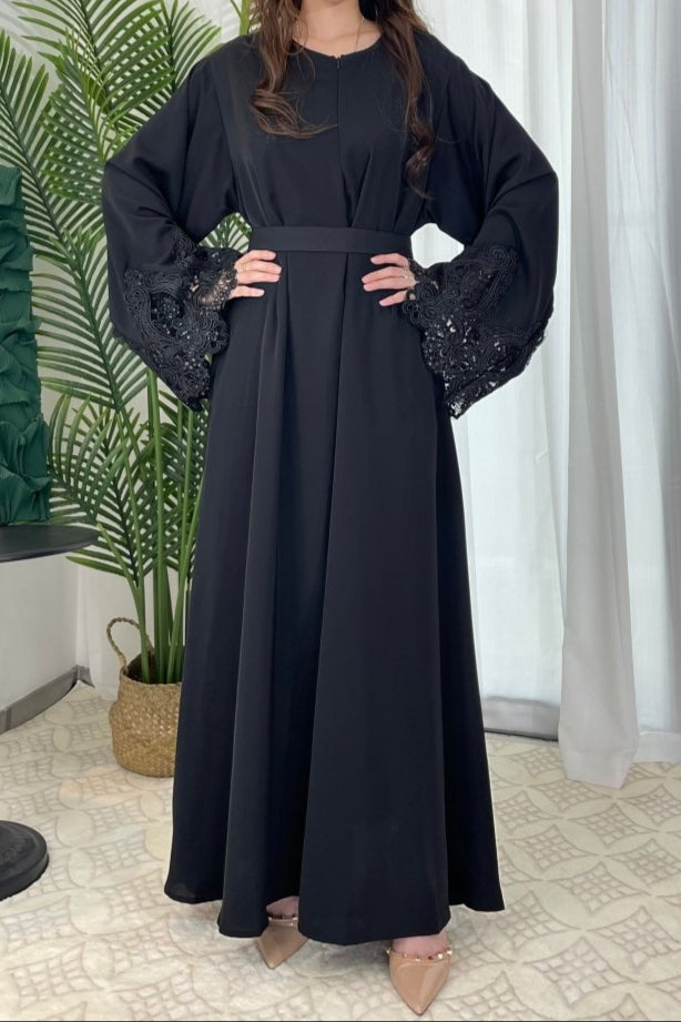 Premium Lace Abaya in Black - Elegant Modest Abaya with Intricate Lace Detailing