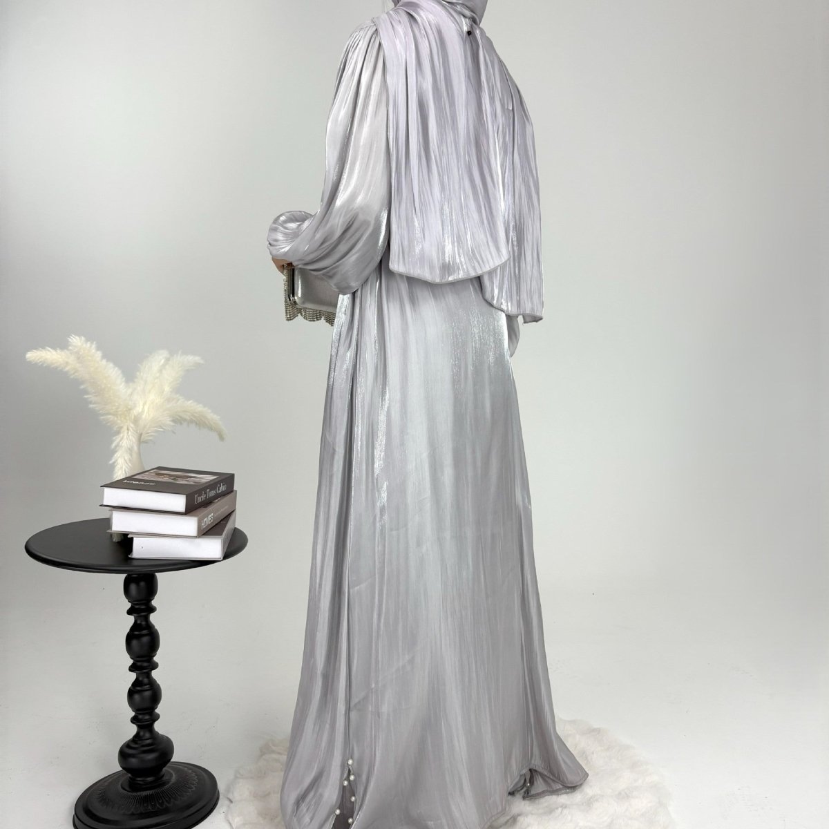 Luxury Five Piece Pearl Open Abaya Set - Norah Collections Gray Modest Elegant Abaya for Women