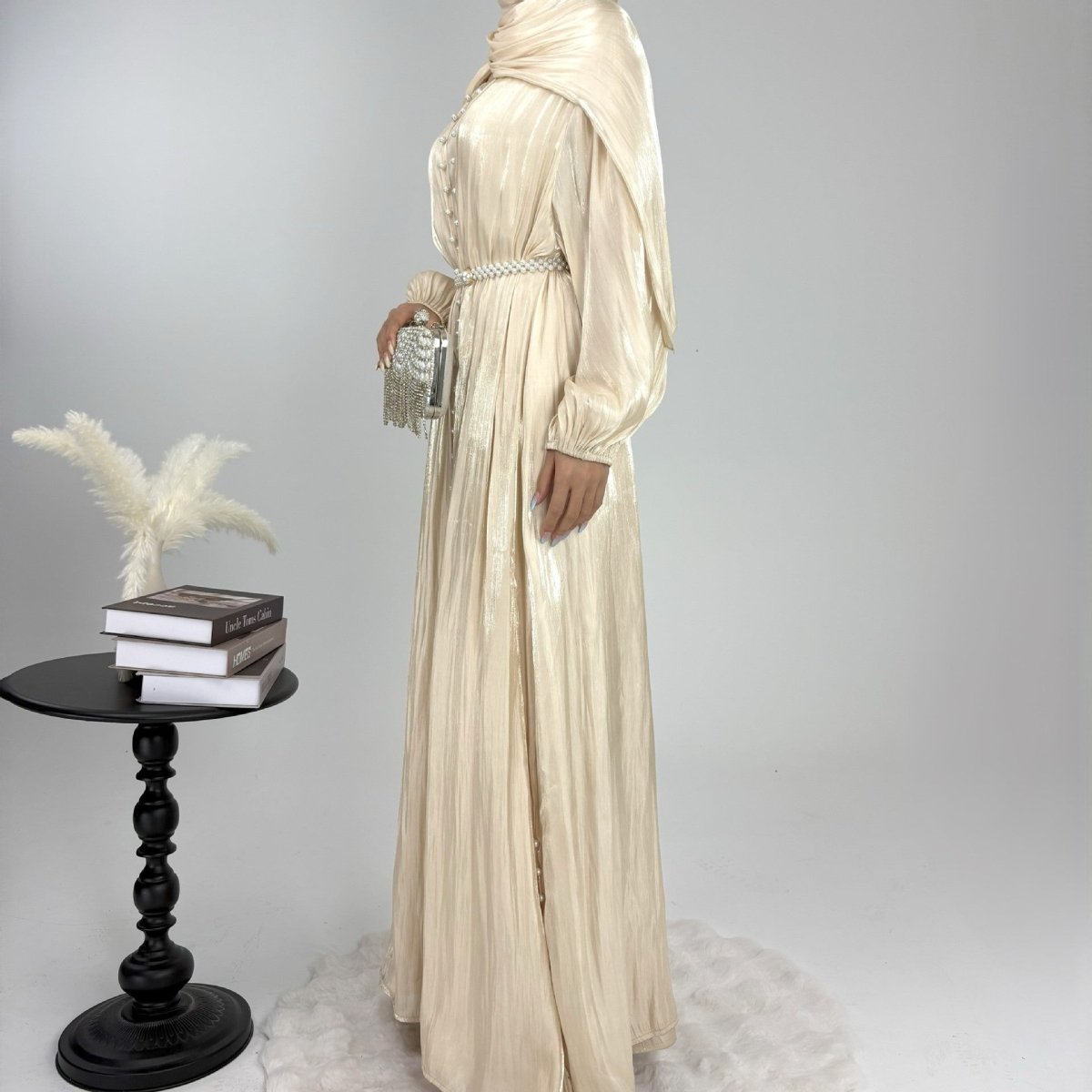 Luxury Five Piece Pearl Open Abaya Set - Norah Collections Champagne Modest Elegant Abaya for Women