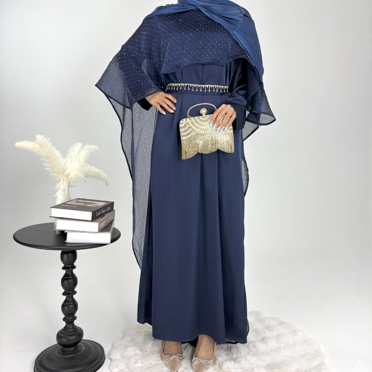 Luxury Shimmering Three Piece Abaya Set - Norah Collections Navy Modest Elegant Abaya for Women