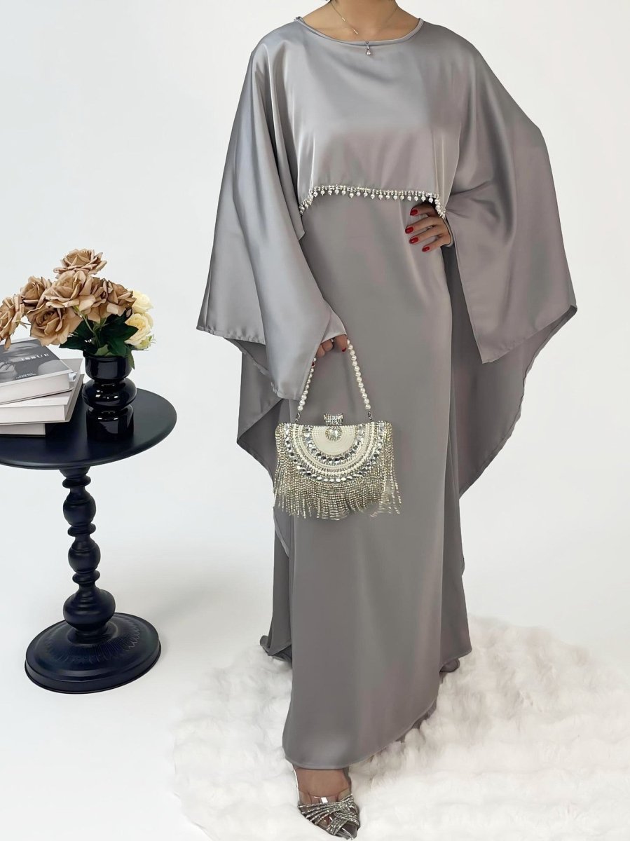 Luxury Satin Pearl Butterfly Abaya Set - Norah Collections Silver Modest Elegant Abaya for Women