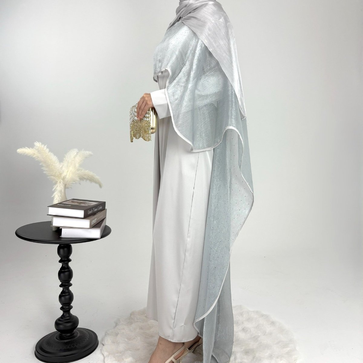 Luxury Shimmering Three Piece Abaya Set - Norah Collections Silver Modest Elegant Abaya for Women