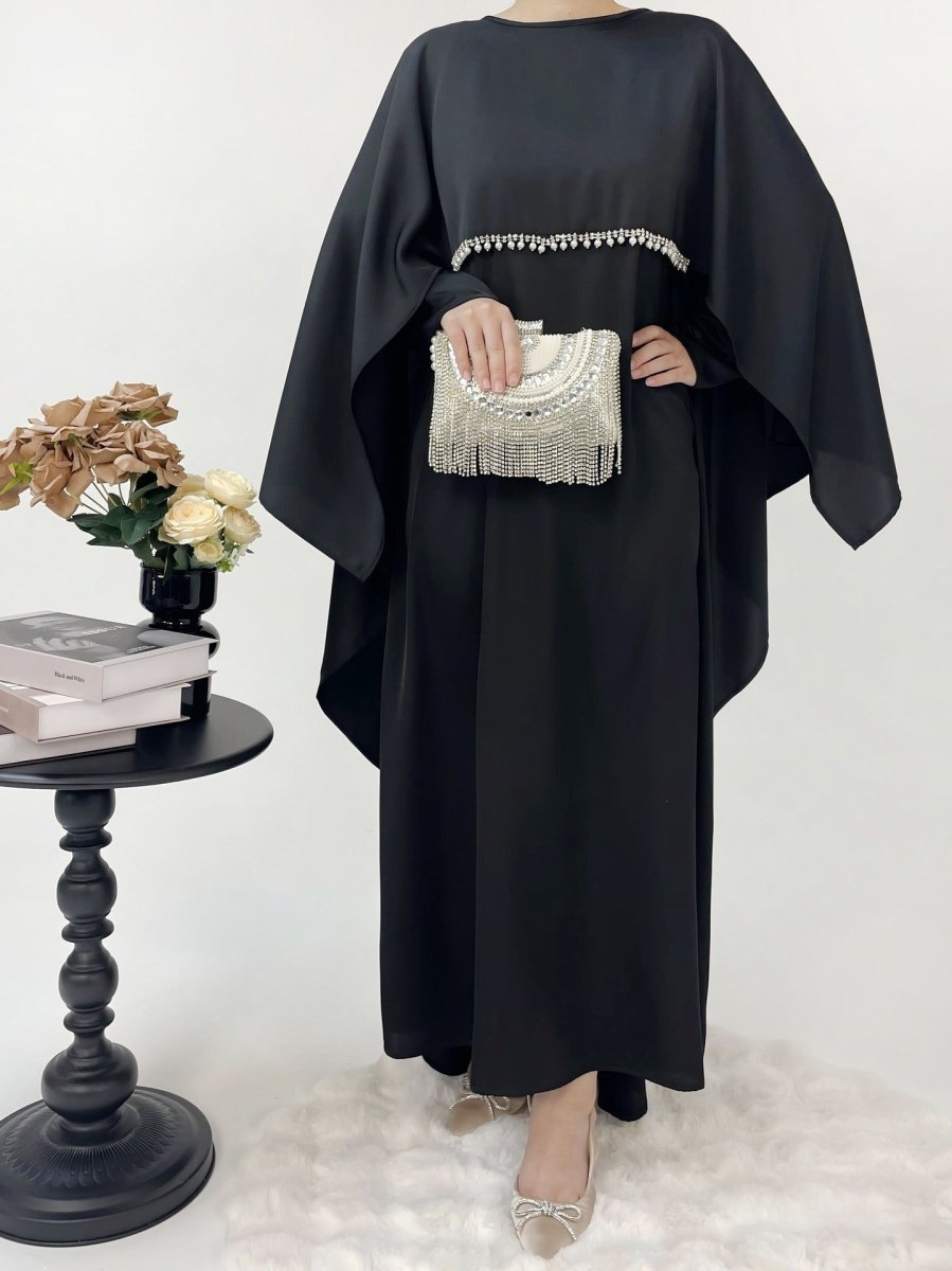 Luxury Satin Pearl Butterfly Abaya Set - Norah Collections Black Modest Elegant Abaya for Women