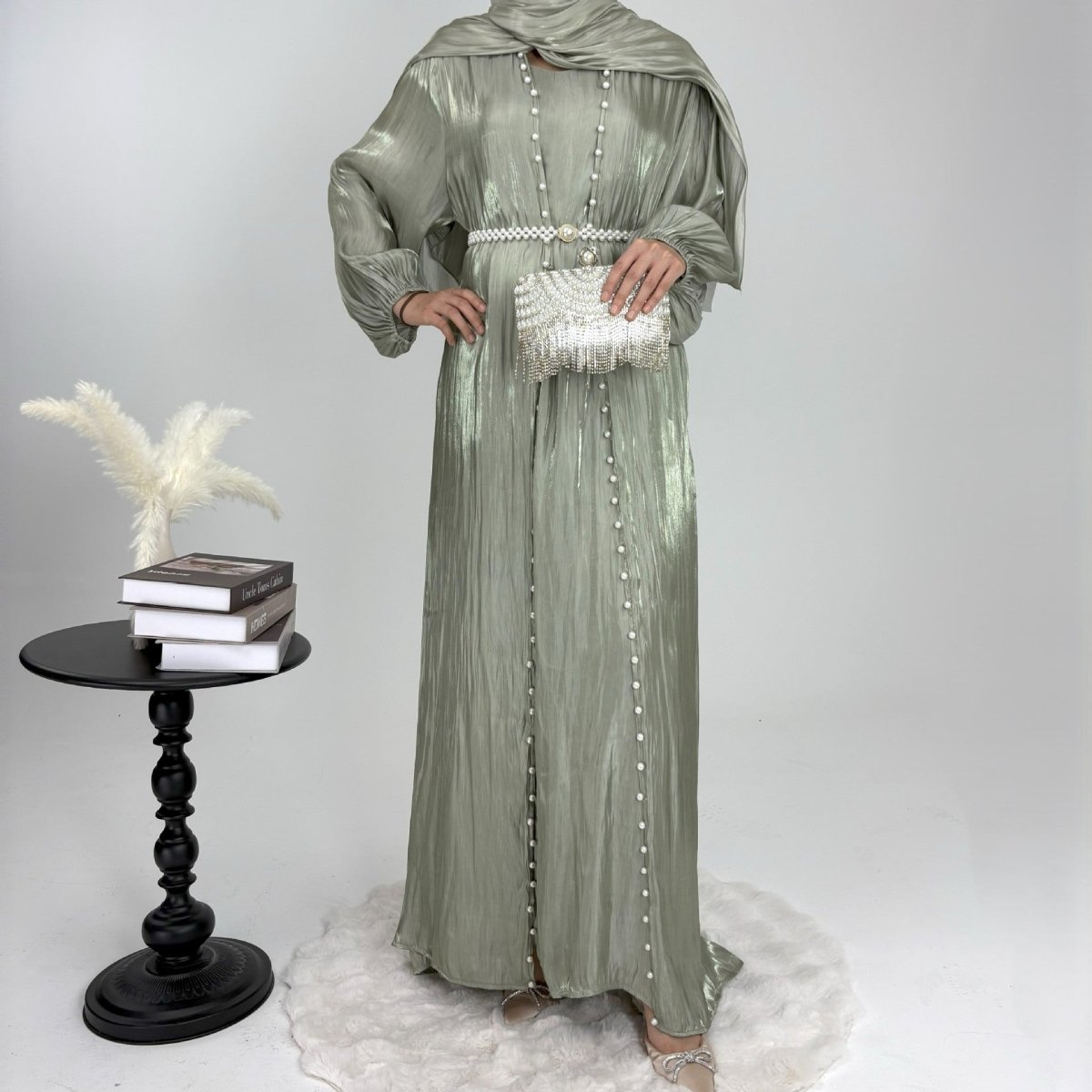 Luxury Five Piece Pearl Open Abaya Set - Norah Collections Green Modest Elegant Abaya for Women
