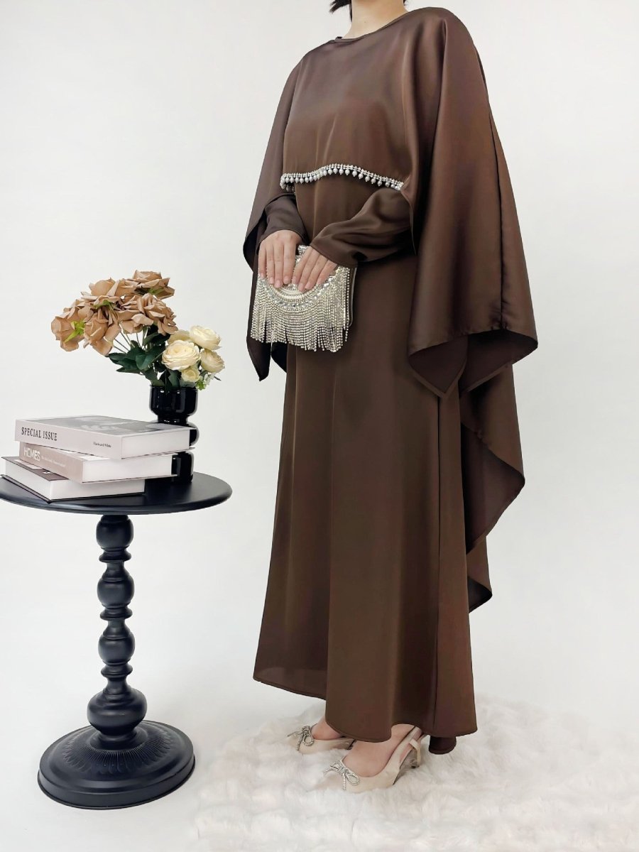 Luxury Satin Pearl Butterfly Abaya Set - Norah Collections Brown Modest Elegant Abaya for Women