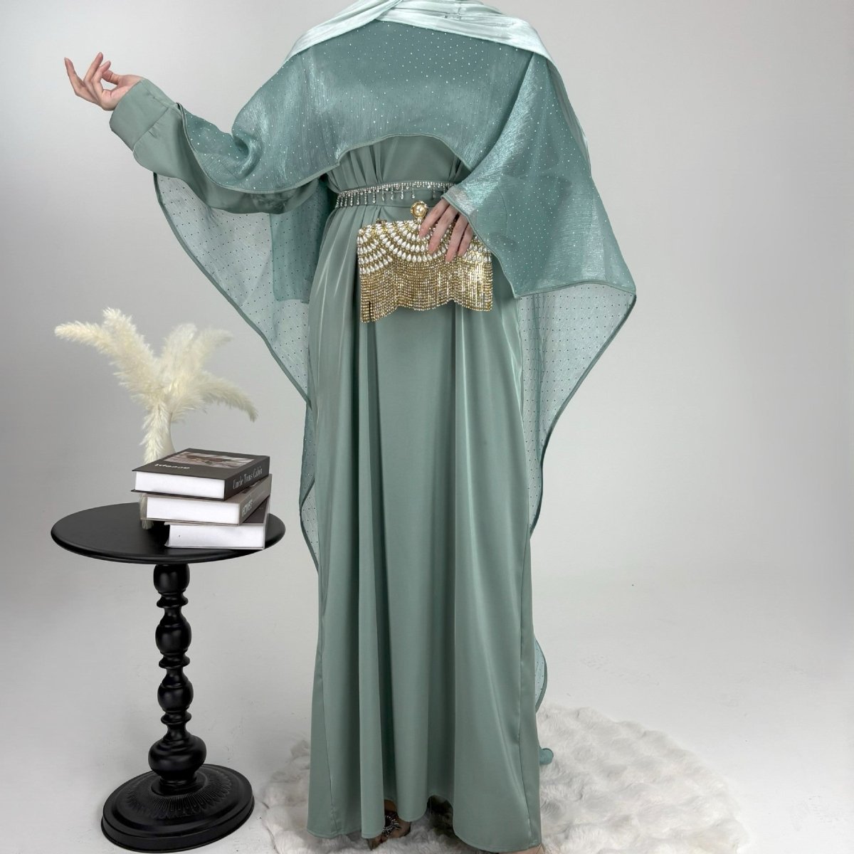 Luxury Shimmering Three Piece Abaya Set - Norah Collections Green Modest Elegant Abaya for Women